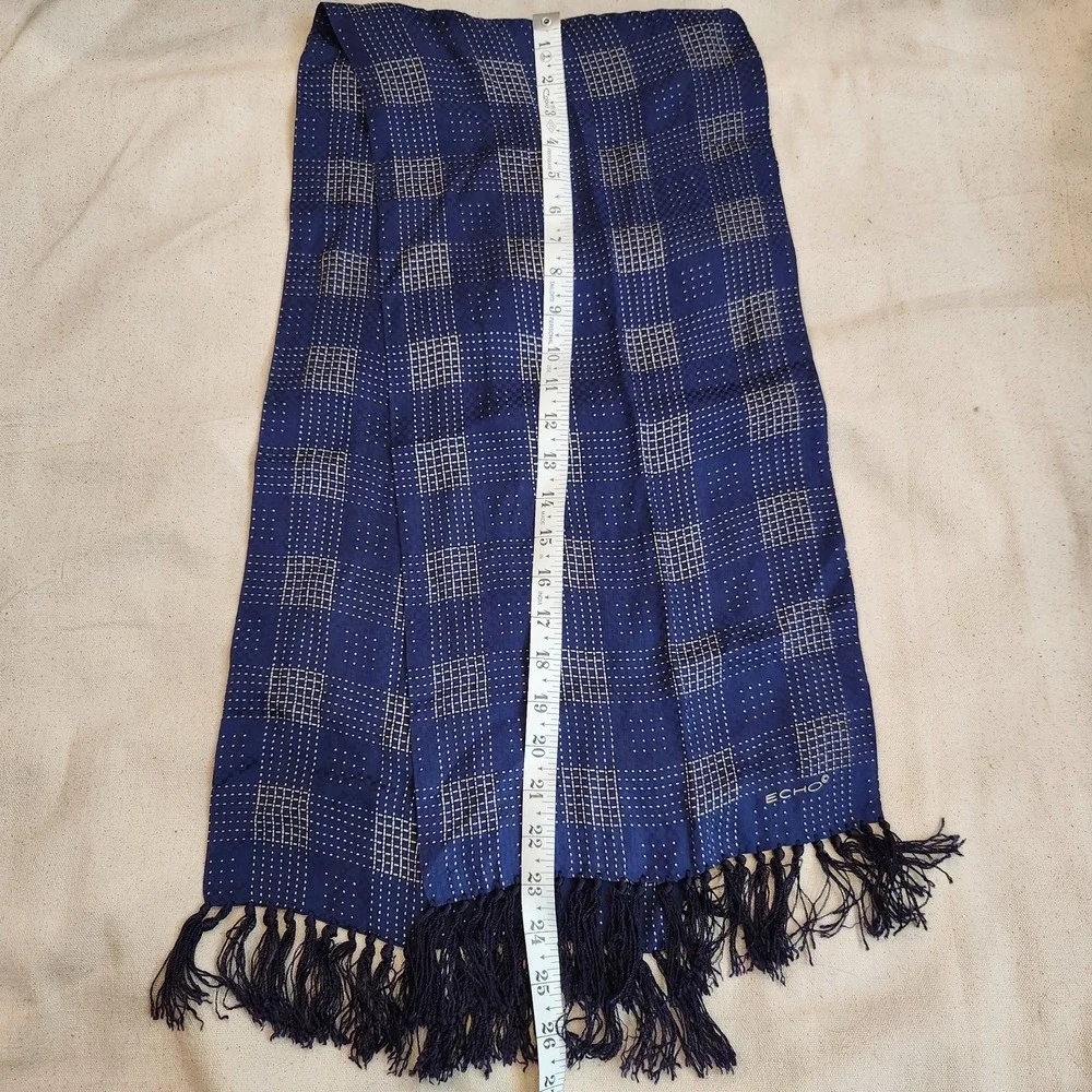 Echo Blue Silk Scarf Geometric Plaid Grid Pattern Fringe Tassels Designer Neck